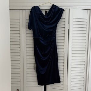 Le Chateau navy velvet dress with asymmetric neckline